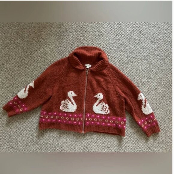 Anthropologie Maeve Wool Front Zipper Cardigan swan print Sweater size XXSP - Picture 7 of 9